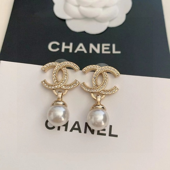 CHANEL Gold Crystal CC Pearl Drop Earrings